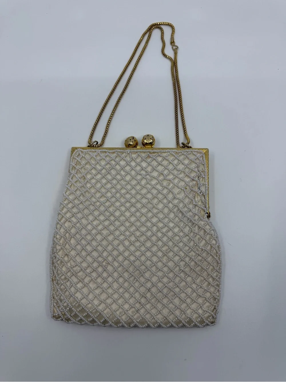 Walborg Ivory Beaded Satchel with Gold Frame and Chain